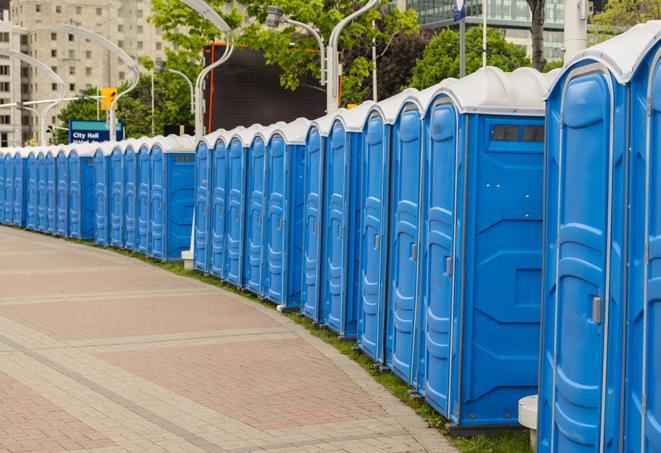 portable restrooms with sink and hand sanitizer stations, available at a festival in Ashland City